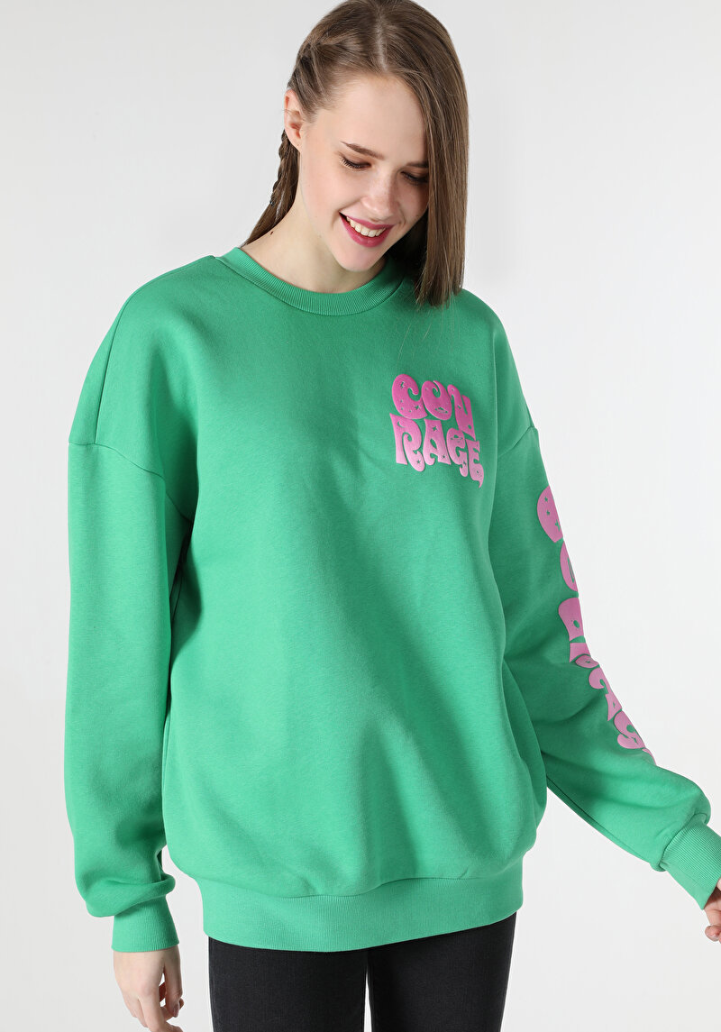 Regular Fit Baskılı Yeşil Kadın Sweatshirt