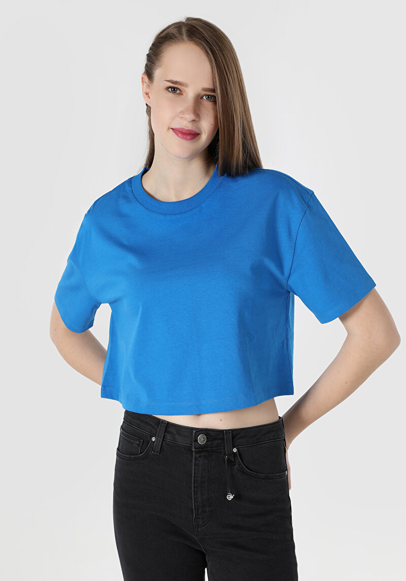 Comfort Fit Yuvarlak Yaka Düz Kadın Mavi Kısa Kol Tişört