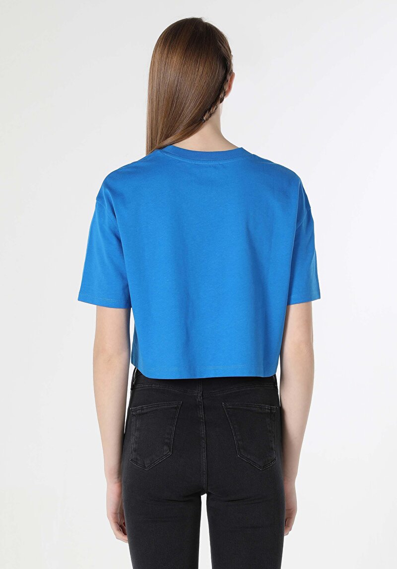 Comfort Fit Yuvarlak Yaka Düz Kadın Mavi Kısa Kol Tişört
