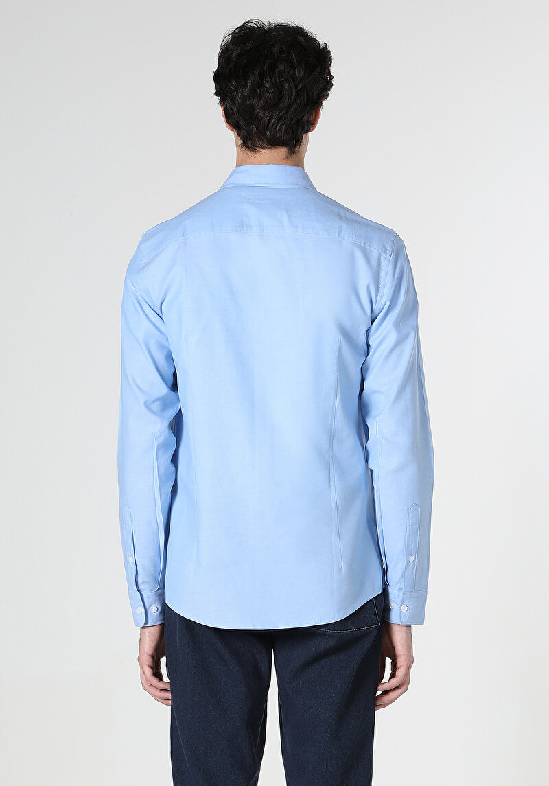 Slim Fit Shirt Neck Düz Erkek Mavi Uzun Kol Gömlek