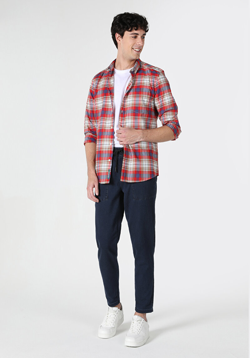 Slim Fit Shirt Cepli Neck Ekoseli Erkek Çok Renkli Uzun Kol Gömlek