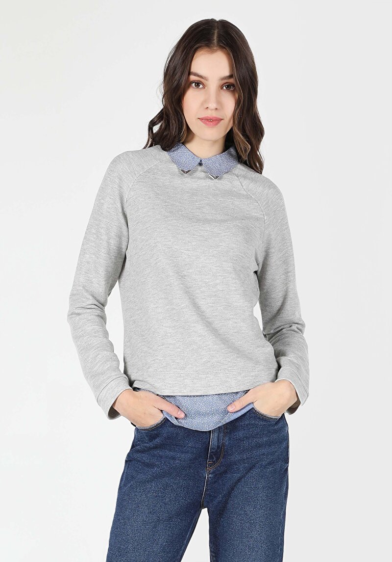 Regular Fit Shirt Neck Baskılı Kadın Gri Uzun Kol Tişört