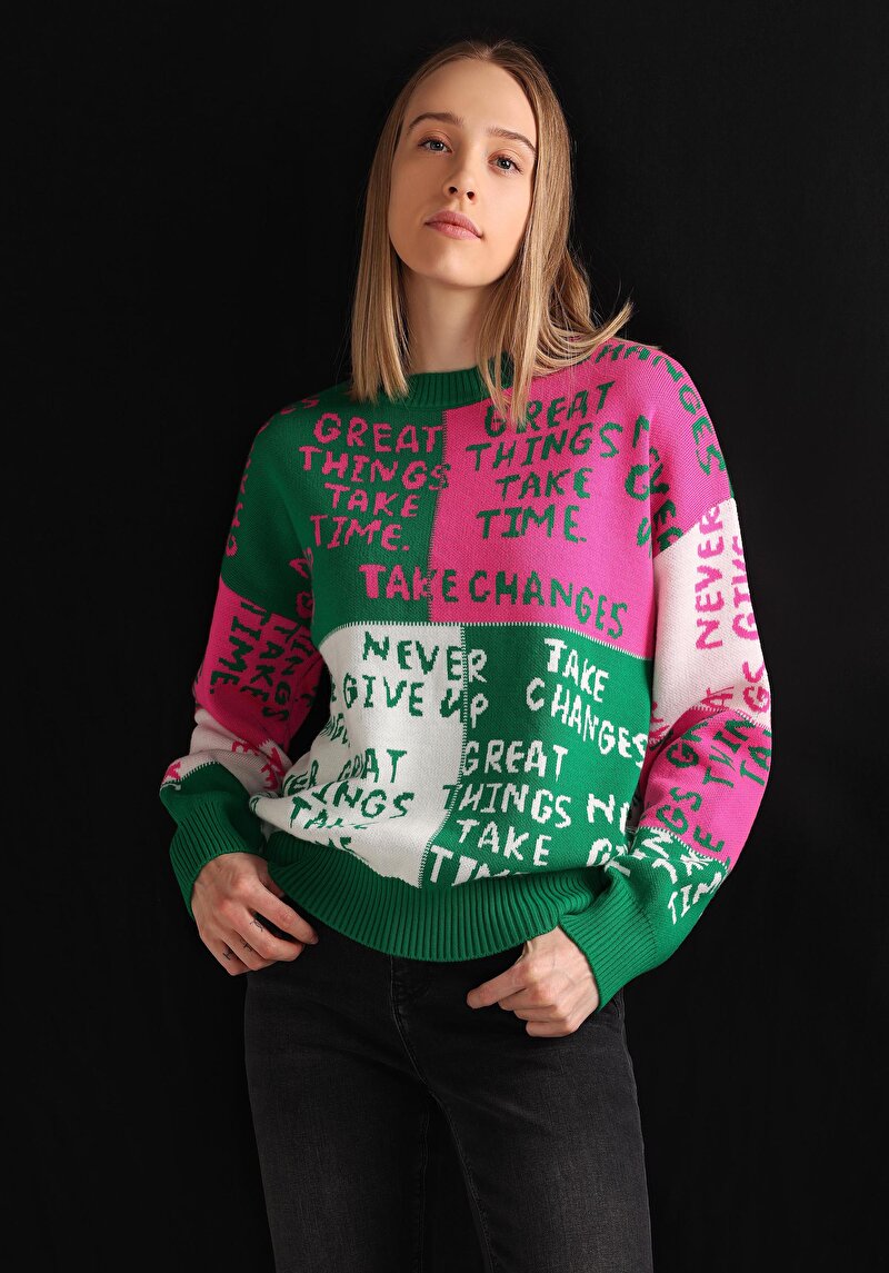 Regular Fit Yuvarlak Yaka Baskılı Kadın Çok Renkli Kazak