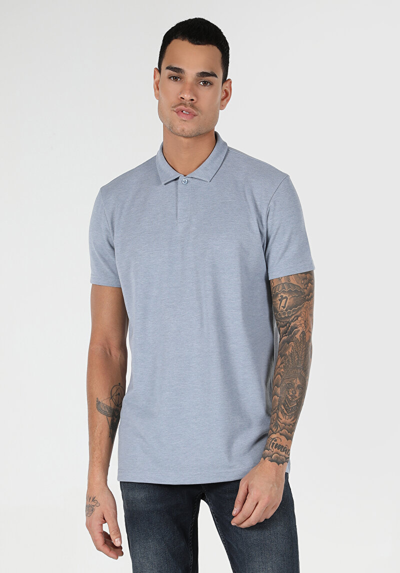 Regular Fit Polo Yaka Düz Erkek Mavi Kısa Kol Tişört