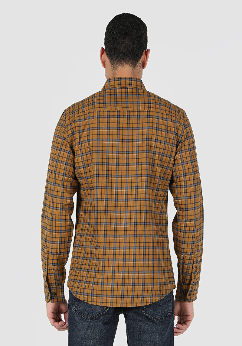 Slim Fit Shirt Neck Ekoseli Erkek Sari Uzun Kol Gömlek