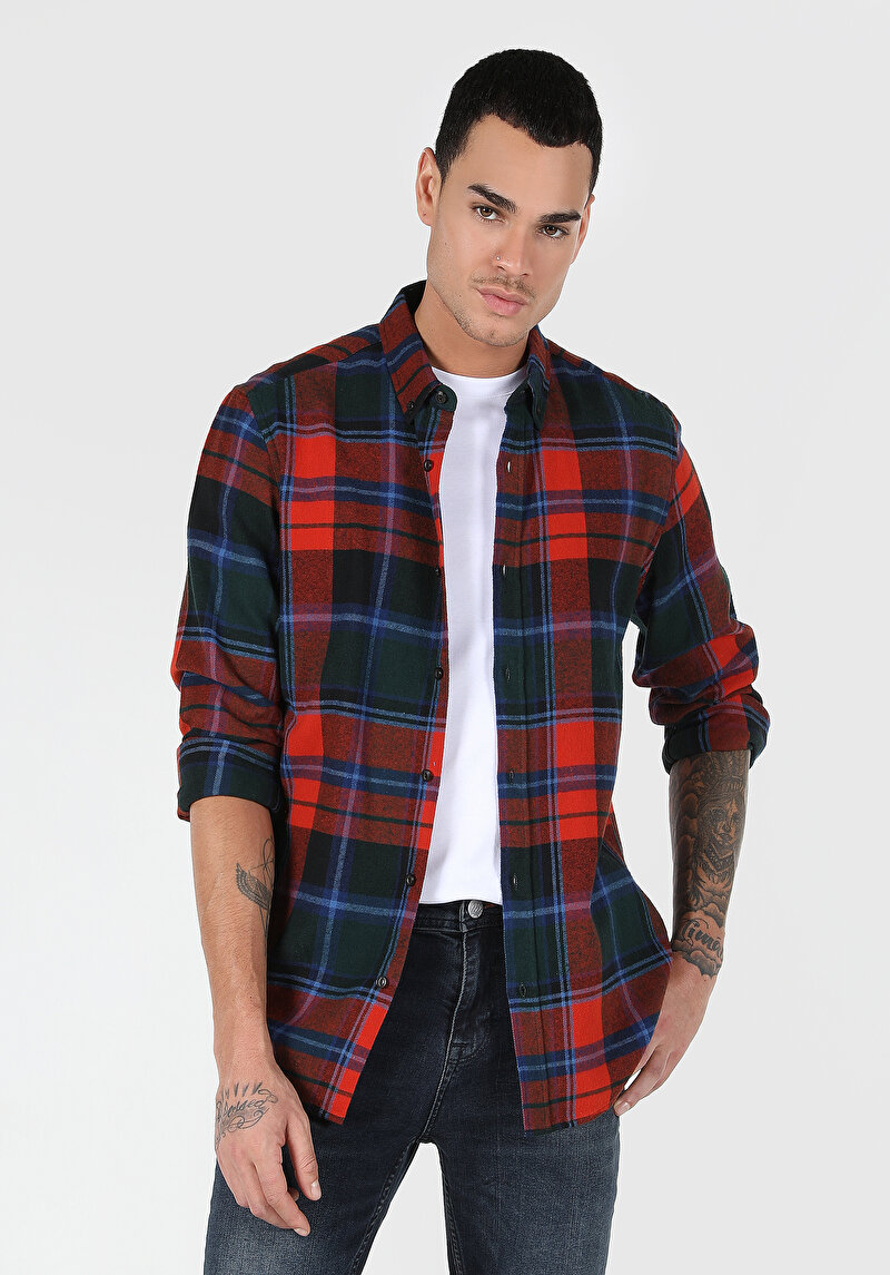 Regular Fit Shirt Neck Ekoseli Erkek Turuncu Uzun Kol Gömlek