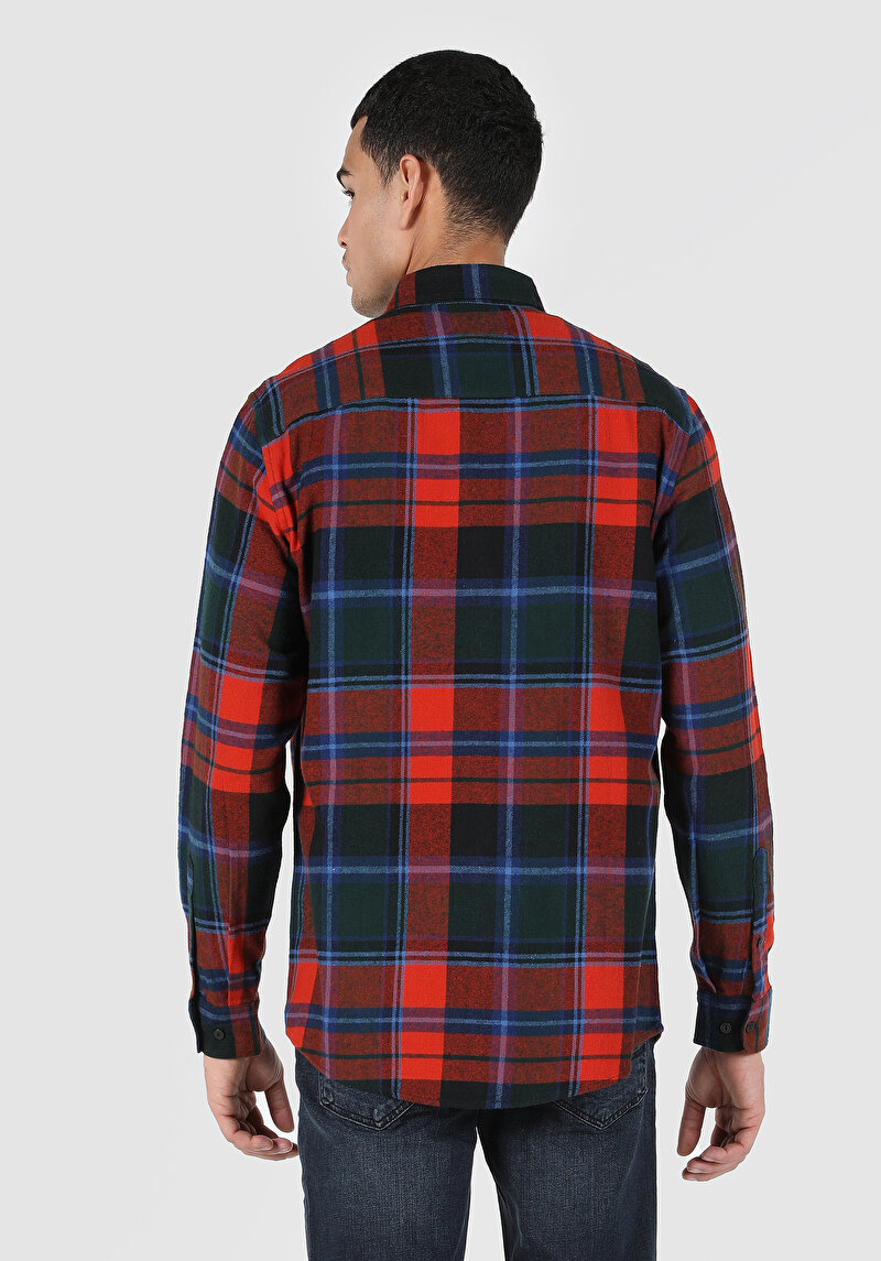 Regular Fit Shirt Neck Ekoseli Erkek Turuncu Uzun Kol Gömlek