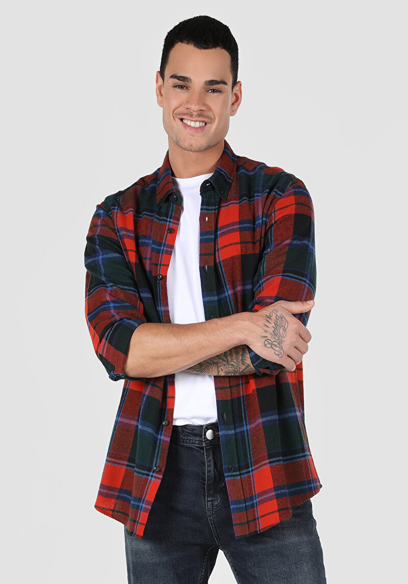 Regular Fit Shirt Neck Ekoseli Erkek Turuncu Uzun Kol Gömlek