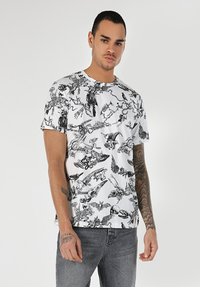 Regular Fit Yuvarlak Yaka Baskılı Erkek Beyaz Kısa Kol Tişört