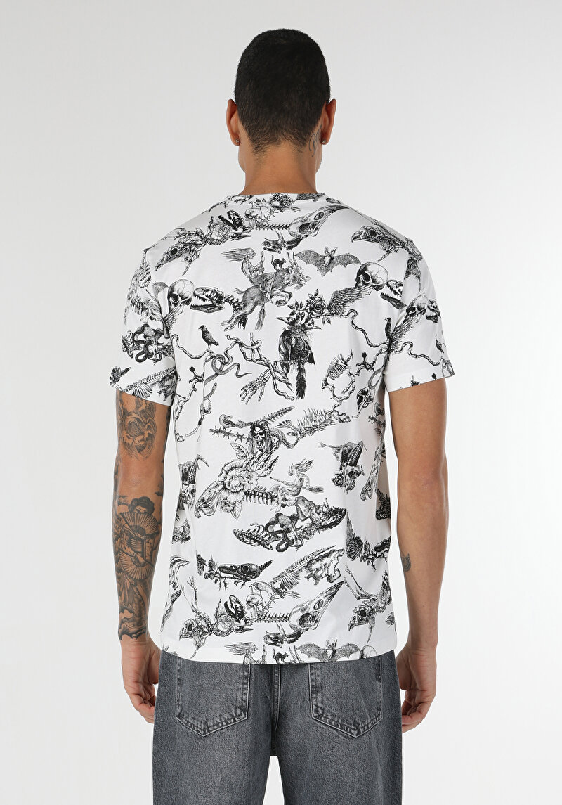 Regular Fit Yuvarlak Yaka Baskılı Erkek Beyaz Kısa Kol Tişört