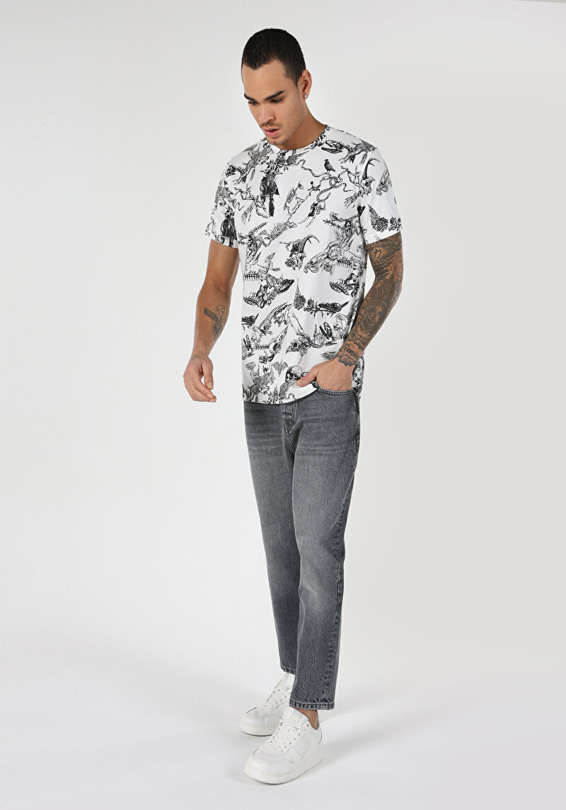 Regular Fit Yuvarlak Yaka Baskılı Erkek Beyaz Kısa Kol Tişört