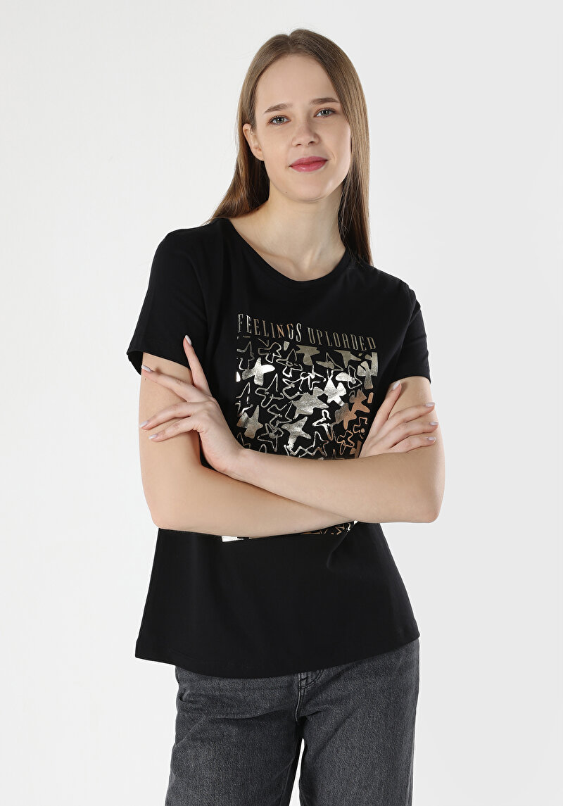 Regular Fit Yuvarlak Yaka Baskılı Kadın Siyah Kısa Kol Tişört