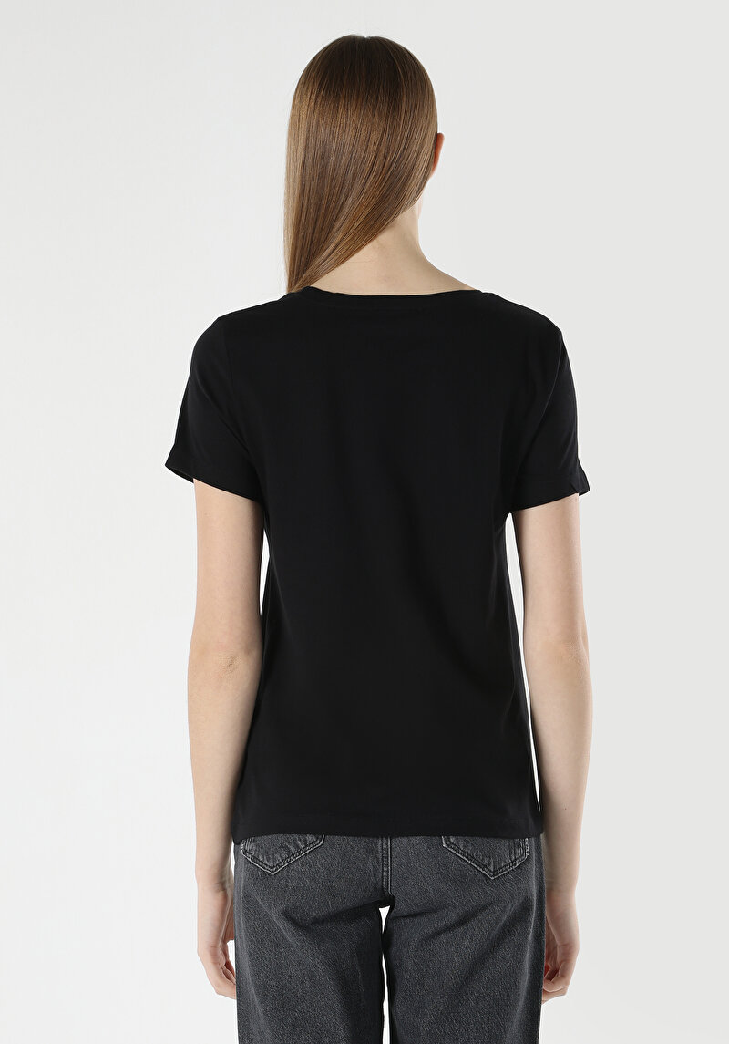 Regular Fit Yuvarlak Yaka Baskılı Kadın Siyah Kısa Kol Tişört
