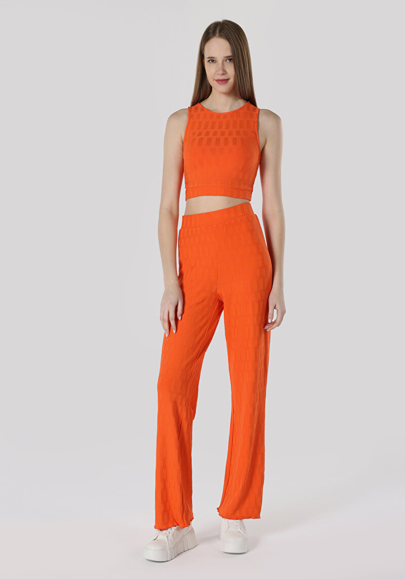 Slim Fit Orta Bel Jakarlı Kadın Turuncu Eşofman Altı