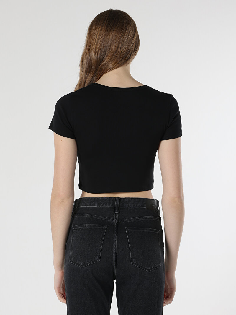 Slim Fit Yuvarlak Yaka Düz Kadın Siyah Kısa Kol Tişört