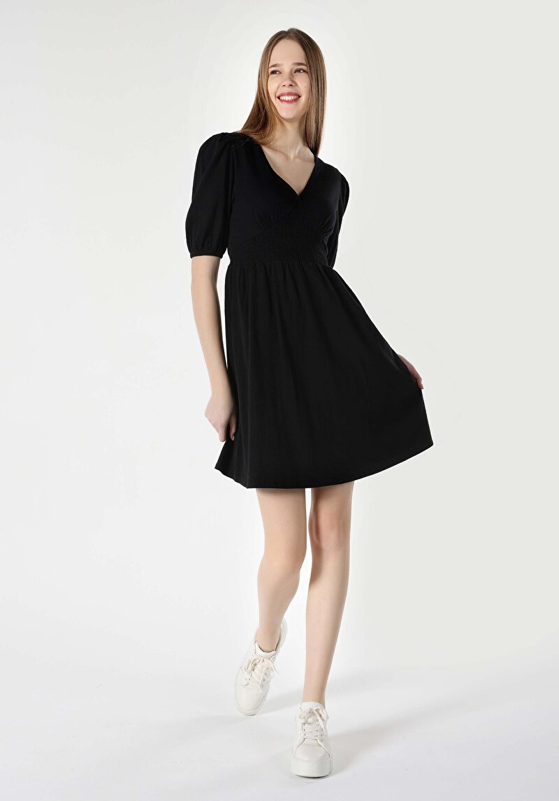 Regular Fit Düz Kadın Siyah Kısa Kol Elbise