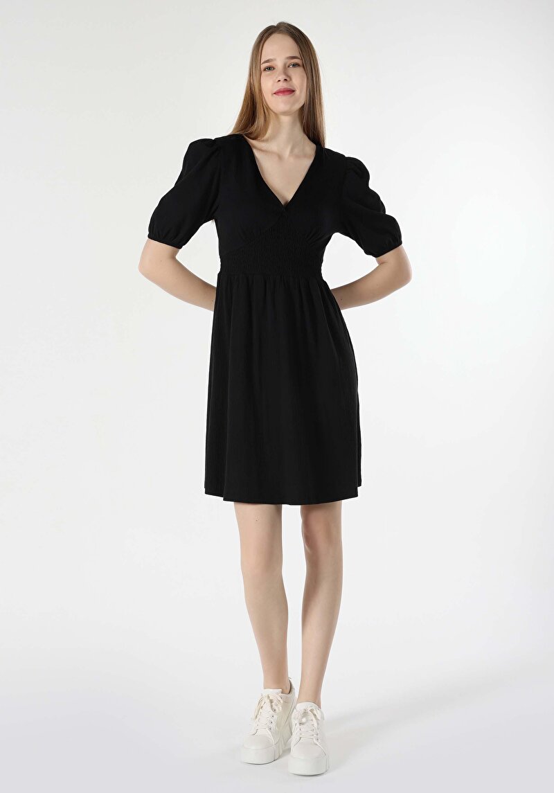 Regular Fit Düz Kadın Siyah Kısa Kol Elbise