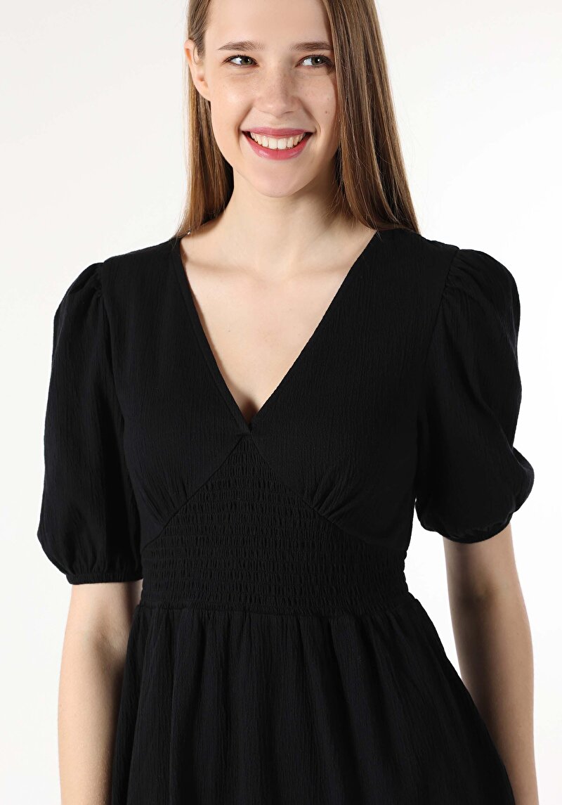 Regular Fit Düz Kadın Siyah Kısa Kol Elbise