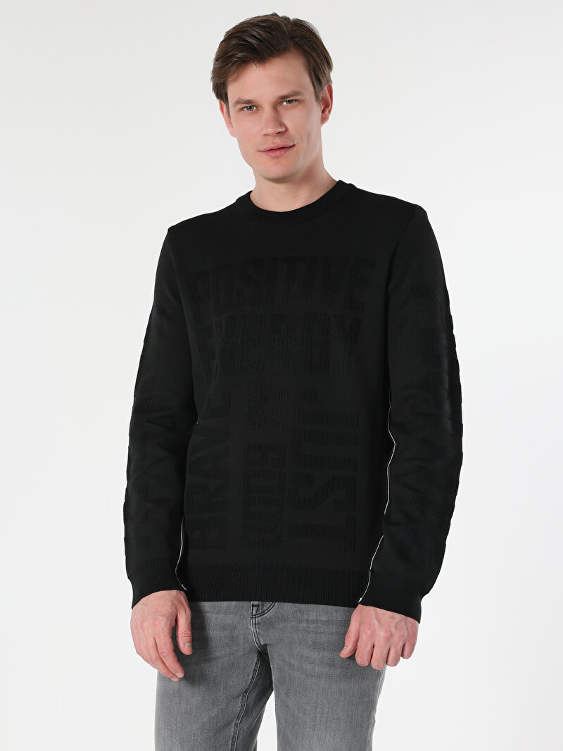 Regular Fit Yuvarlak Yaka Jakarlı Erkek Siyah Kazak