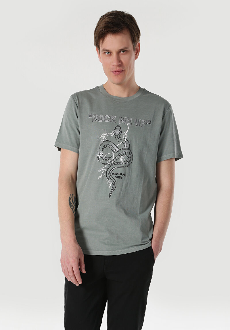 Regular Fit Yuvarlak Yaka Baskılı Erkek Gri Kısa Kol Tişört