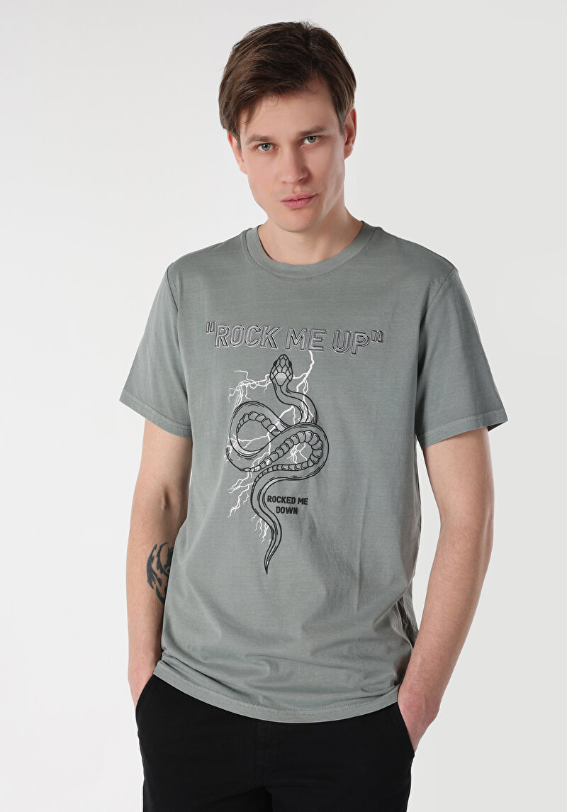 Regular Fit Yuvarlak Yaka Baskılı Erkek Gri Kısa Kol Tişört