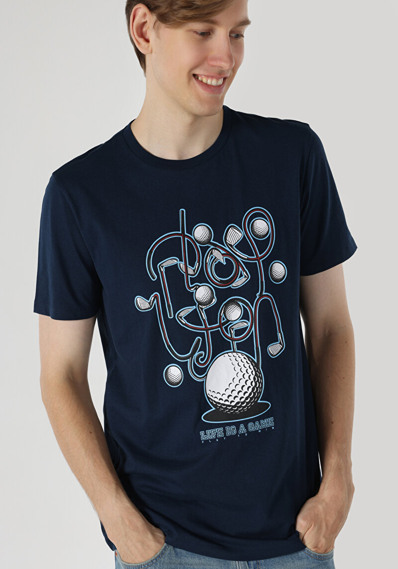 Regular Fit Yuvarlak Yaka Baskılı Erkek Lacivert Kısa Kol Tişört