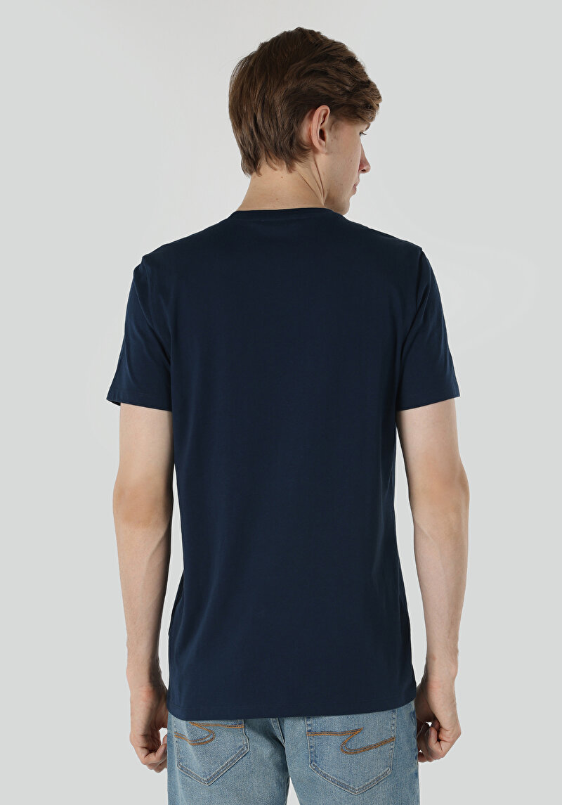 Regular Fit Yuvarlak Yaka Baskılı Erkek Lacivert Kısa Kol Tişört