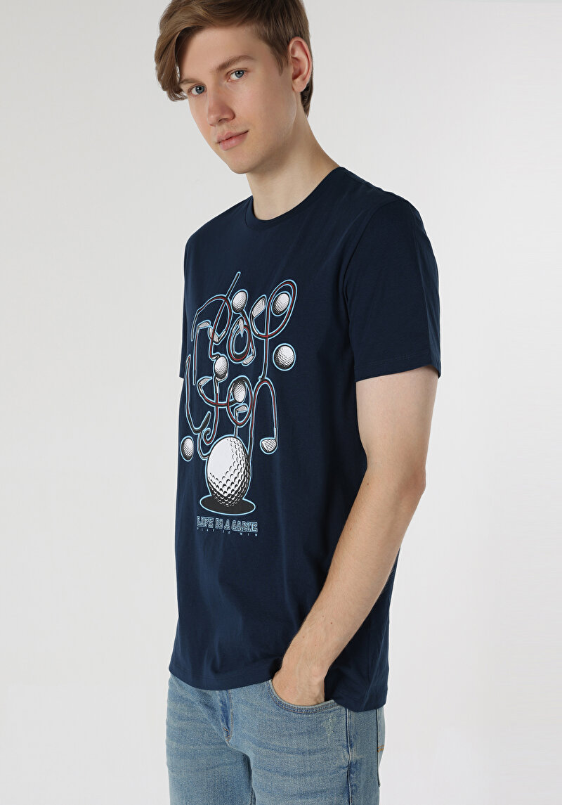 Regular Fit Yuvarlak Yaka Baskılı Erkek Lacivert Kısa Kol Tişört