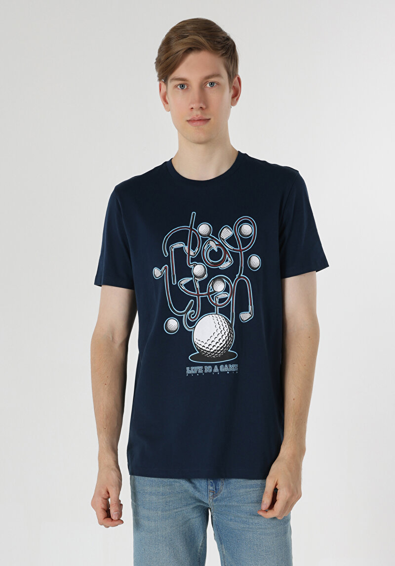 Regular Fit Yuvarlak Yaka Baskılı Erkek Lacivert Kısa Kol Tişört