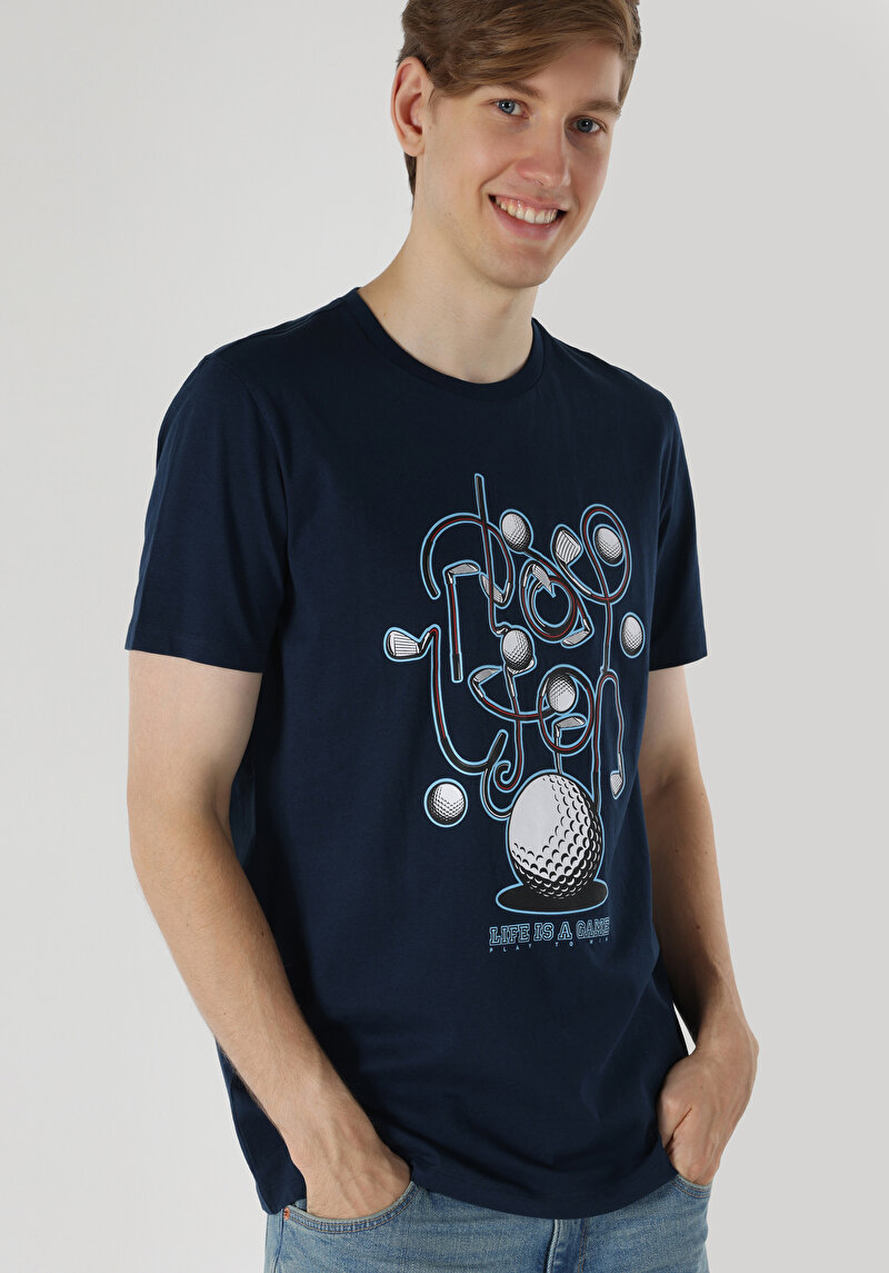 Regular Fit Yuvarlak Yaka Baskılı Erkek Lacivert Kısa Kol Tişört