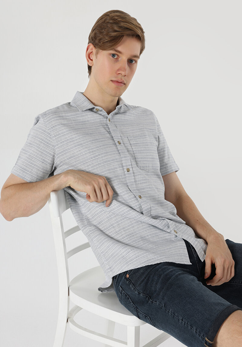 Regular Fit Shirt Neck Çizgili Erkek Mavi Kısa Kol Gömlek