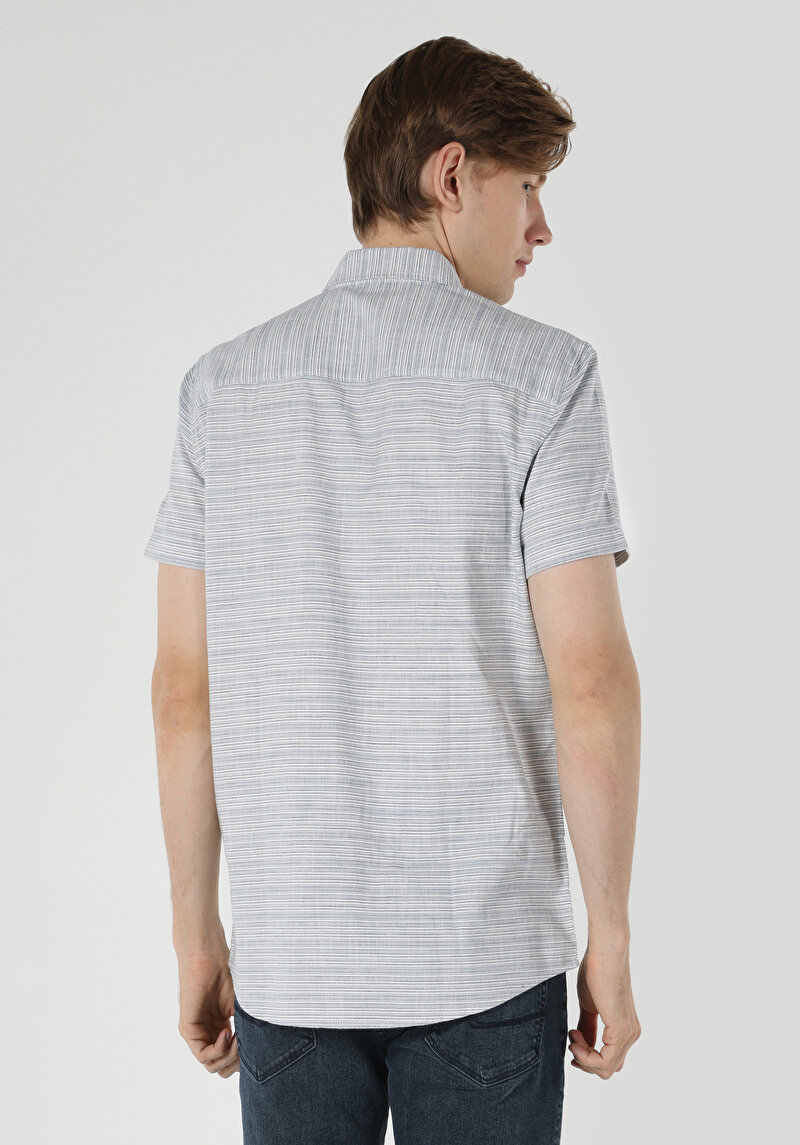 Regular Fit Shirt Neck Çizgili Erkek Mavi Kısa Kol Gömlek