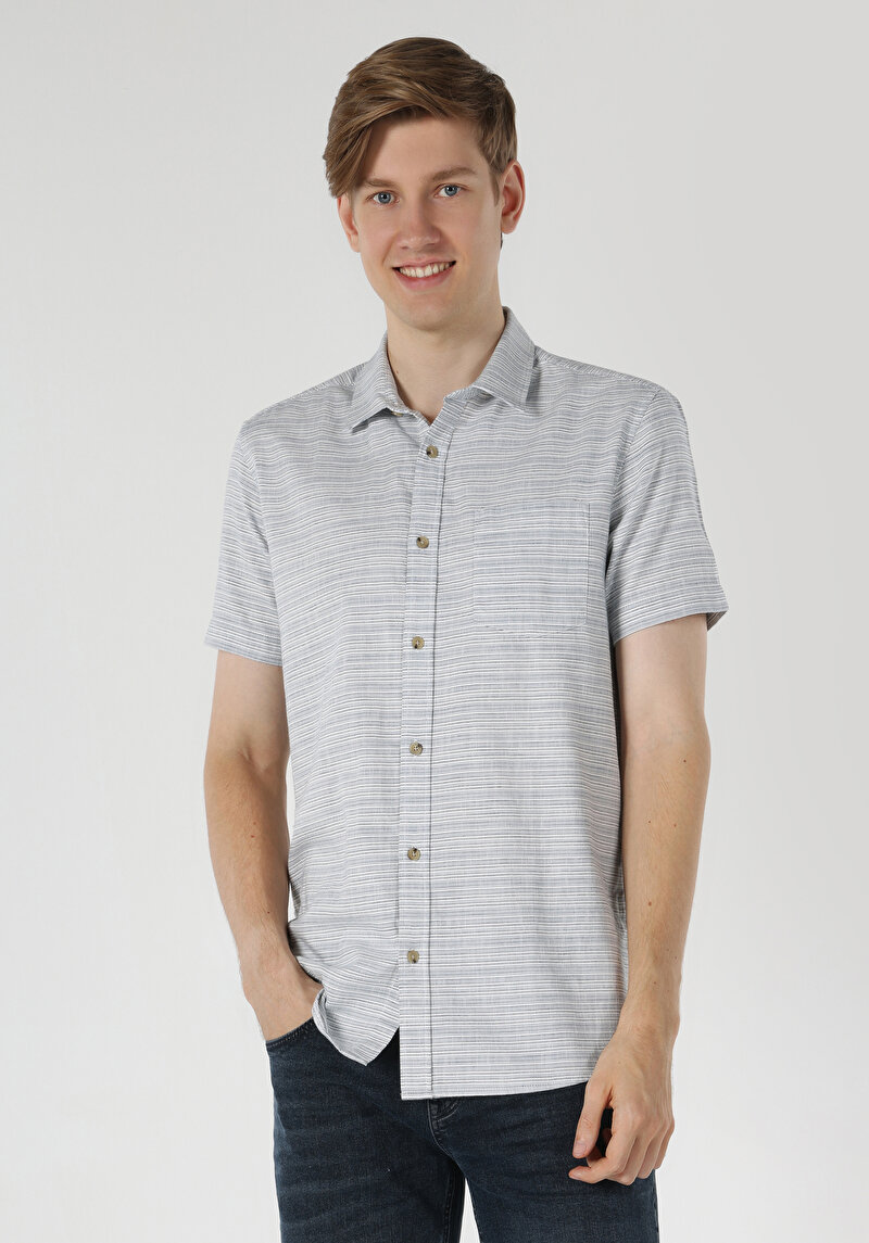 Regular Fit Shirt Neck Çizgili Erkek Mavi Kısa Kol Gömlek