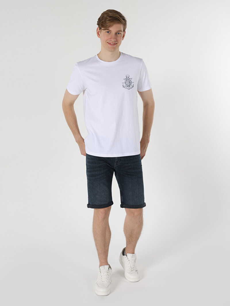 Regular Fit Yuvarlak Yaka Baskılı Erkek Beyaz Kısa Kol Tişört