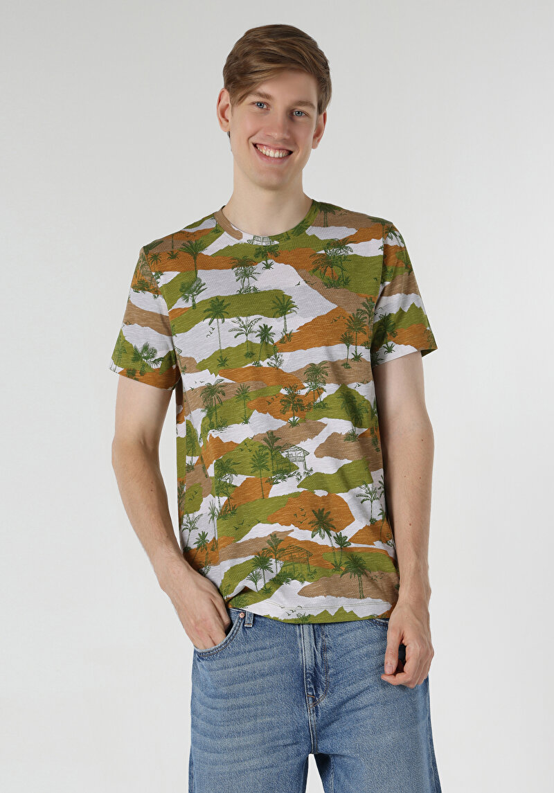 Regular Fit Yuvarlak Yaka Baskılı Erkek Çok Renkli Kısa Kol Tişört