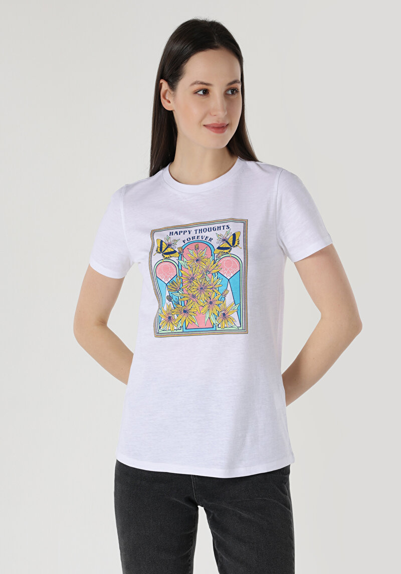 Regular Fit Yuvarlak Yaka Baskılı Kadın Beyaz Kısa Kol Tişört