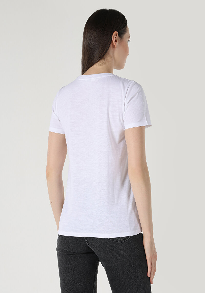 Regular Fit Yuvarlak Yaka Baskılı Kadın Beyaz Kısa Kol Tişört