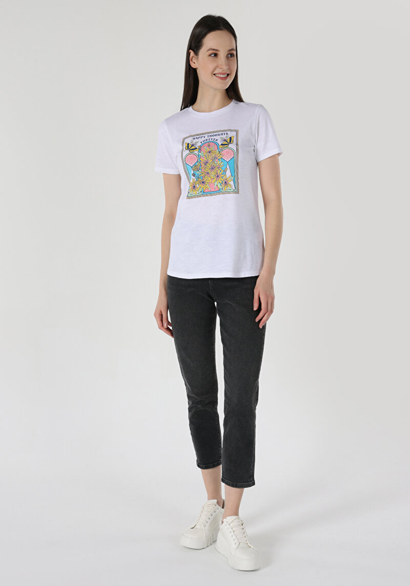 Regular Fit Yuvarlak Yaka Baskılı Kadın Beyaz Kısa Kol Tişört