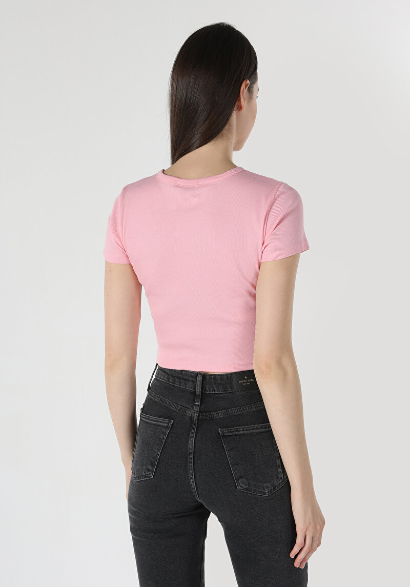 Slim Fit Yuvarlak Yaka  Kadın Pembe Kısa Kol Tişört