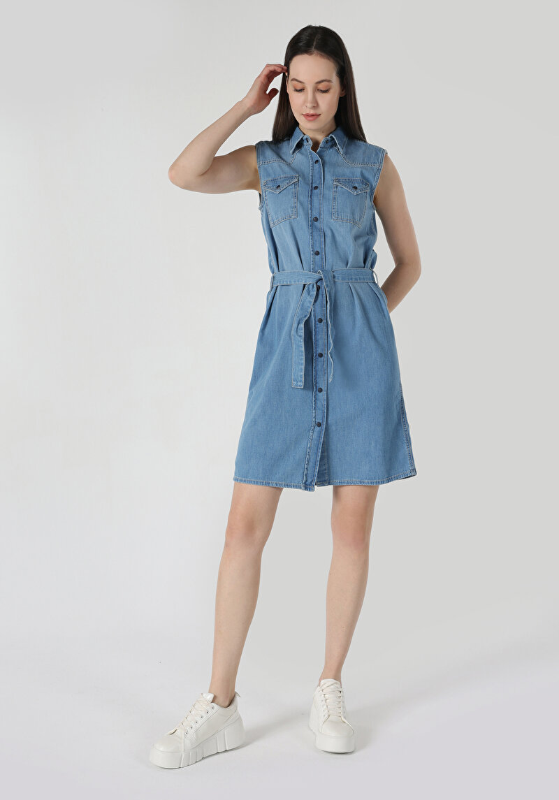 Slim Fit  Kadın Mavi Kolsuz Elbise Cl1063508
