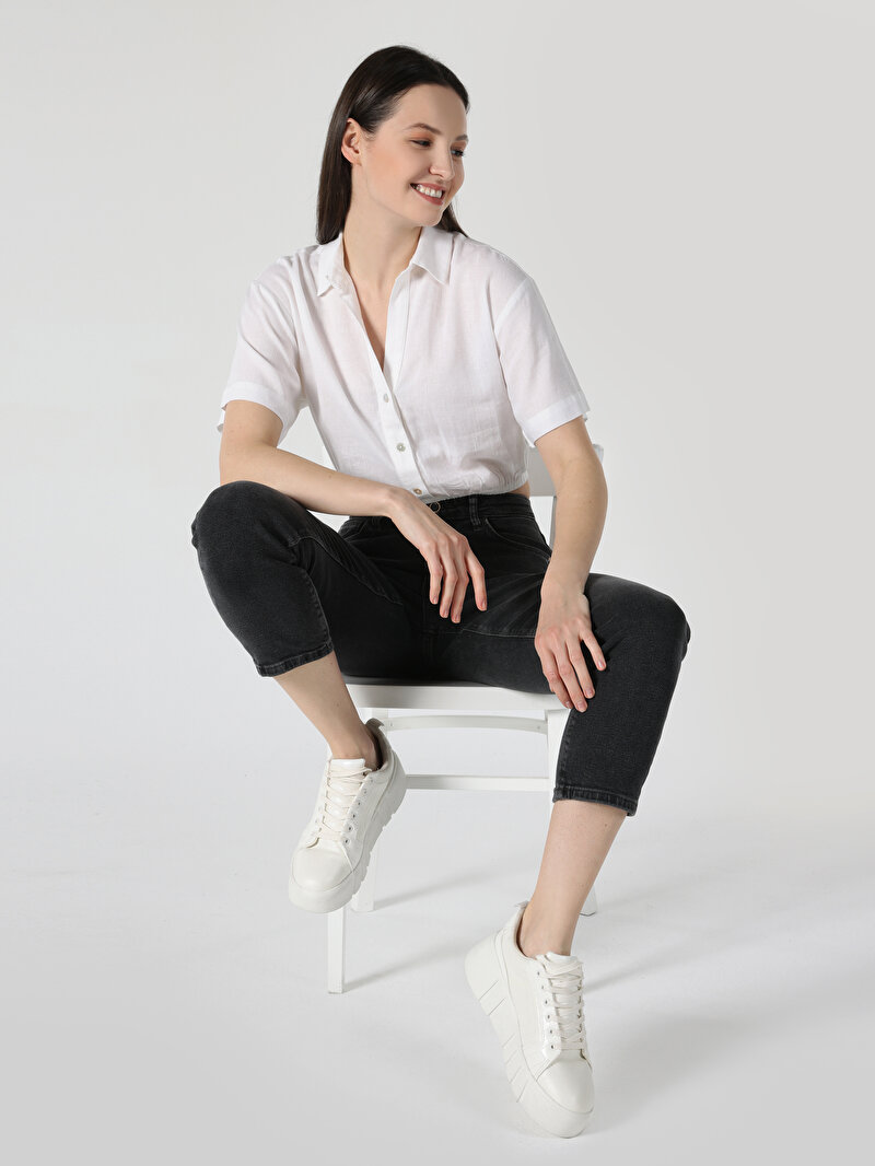 Regular Fit Shirt Neck Düz Kadın Beyaz Kısa Kol Gömlek