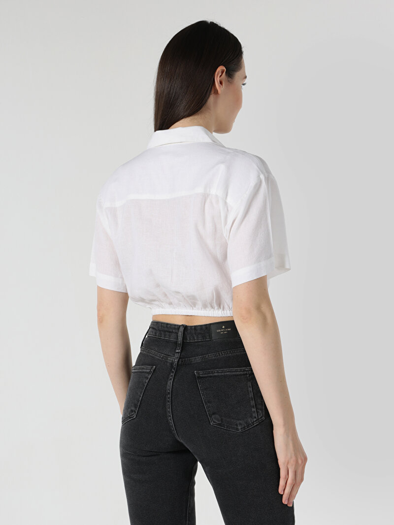 Regular Fit Shirt Neck Düz Kadın Beyaz Kısa Kol Gömlek