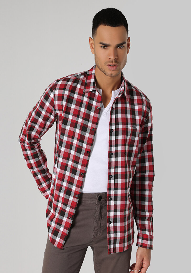 Slim Fit Shirt Neck Ekoseli Erkek Kirmizi Uzun Kol Gömlek