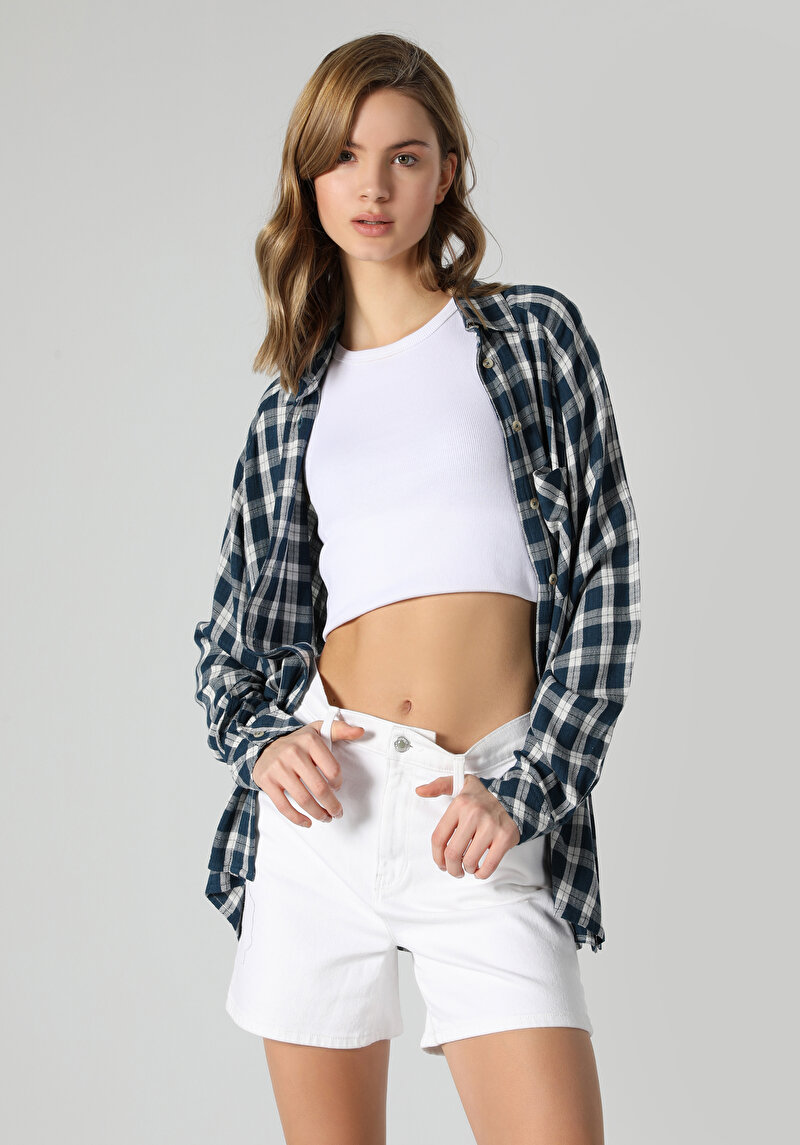 Relaxed Fit Shirt Neck Ekoseli Kadın Lacivert Uzun Kol Gömlek