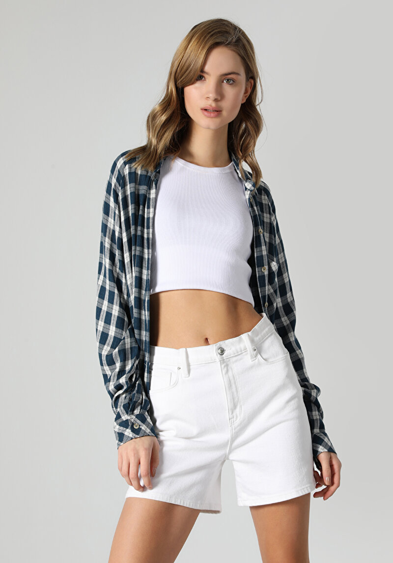 Relaxed Fit Shirt Neck Ekoseli Kadın Lacivert Uzun Kol Gömlek