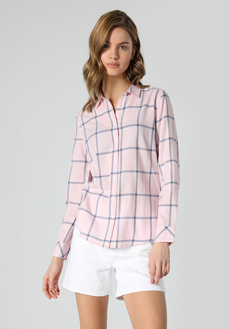 Slim Fit Shirt Neck Ekoseli Kadın Pembe Roll-up Gömlek