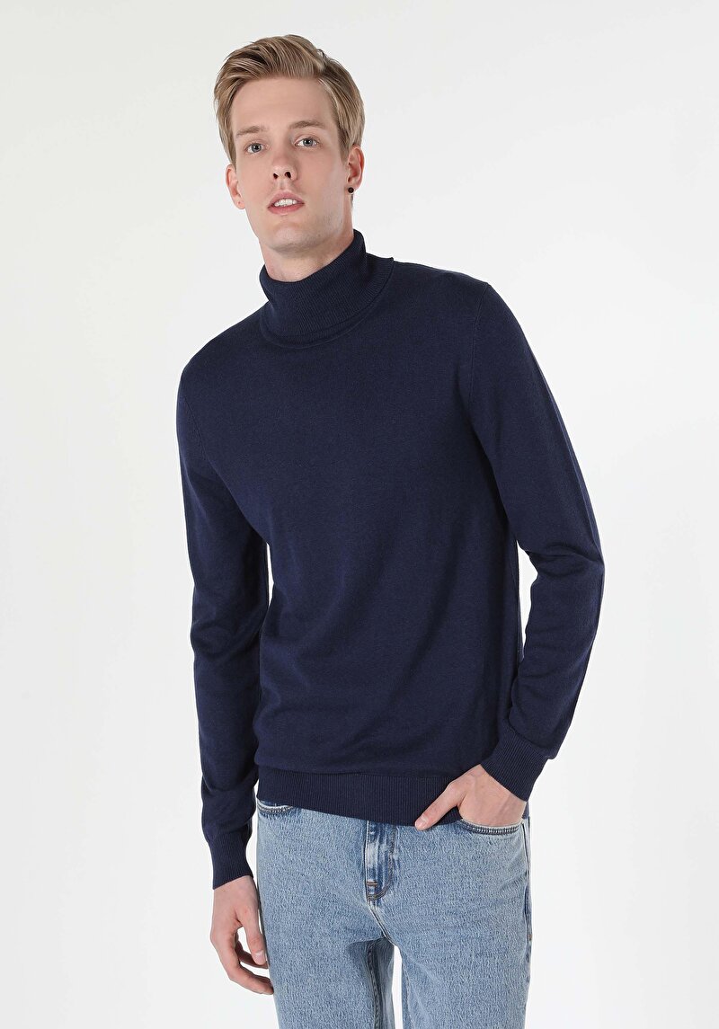 Slim Fit Balıkçı Yaka Jakarlı Erkek Mavi Kazak