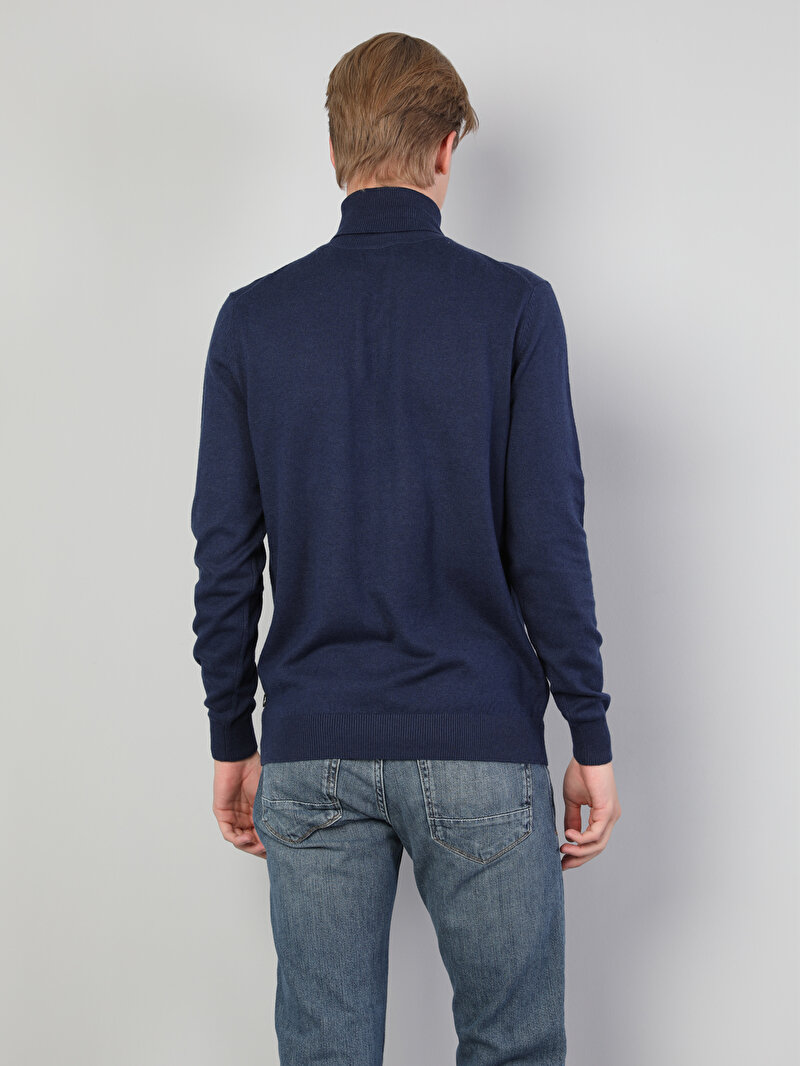 Slim Fit Balıkçı Yaka Jakarlı Erkek Mavi Kazak