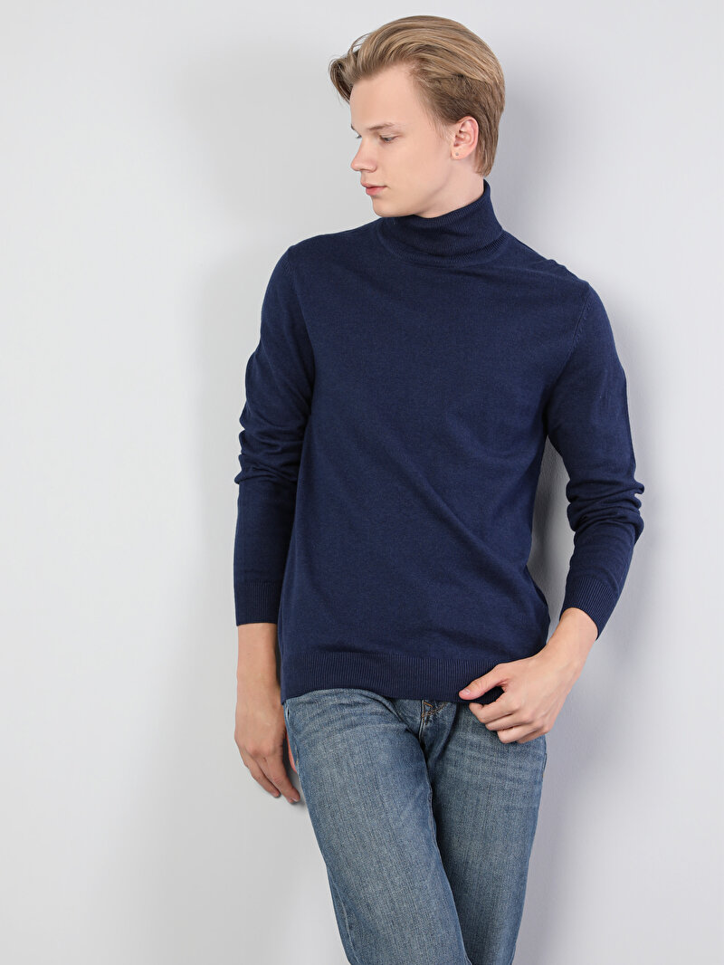 Slim Fit Balıkçı Yaka Jakarlı Erkek Mavi Kazak