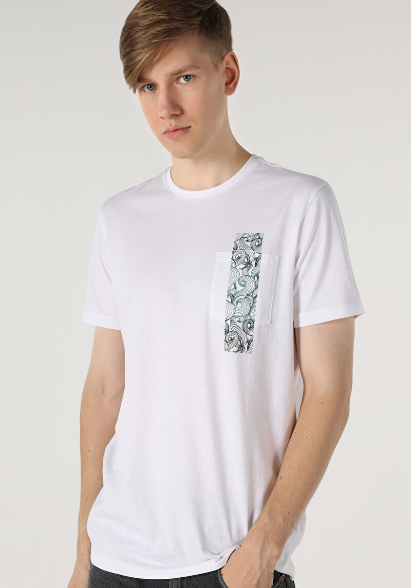 Regular Fit Yuvarlak Yaka Baskılı Erkek Beyaz Kısa Kol Tişört
